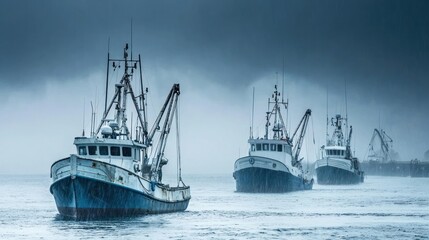 Naklejka premium Fishing boats anchored in a safe harbor during storm