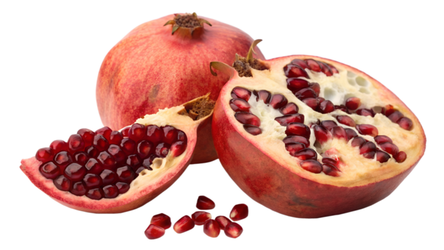 Vibrant pomegranates displayed with split fruit revealing juicy seeds and a red, textured exterior showcasing freshness and color