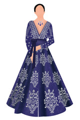 Royal purple blue anarkali gown with ethnic pattern embroidery for Indian bride sangeet ceremony with jewels and silver work perfect for even cocktail night, reception and engagement ceremony