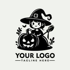 Cartoon little witch in large hat standing beside carved Halloween pumpkin with smiling face in monochrome style. Holiday concept

