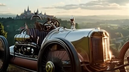 Steampunk Automobile in Scenic Hills with Castle - Powered by Adobe