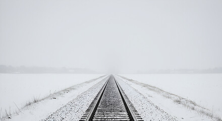Snowy winter landscape with train tracks disappearing into the horizon