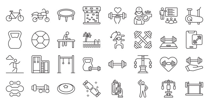 Outdoor Fitness Training set of web icons in line style. outdoor fitness, fitness training, fitness coach and personal trainer. Vector illustration.