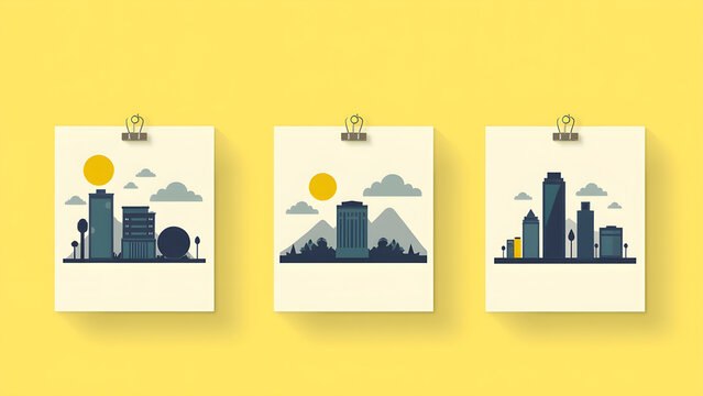Three posters of landscapes and buildings on yellow background