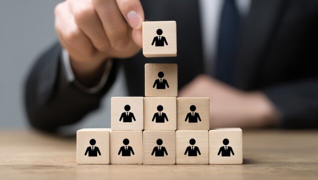 A person in a suit builds a pyramid of wooden blocks, each featuring a businessperson icon, symbolizing team hierarchy or organizational structure.