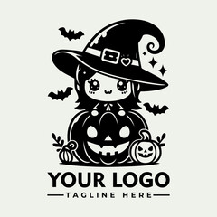 Cartoon little witch in large hat standing beside carved Halloween pumpkin with smiling face in monochrome style. Holiday concept
