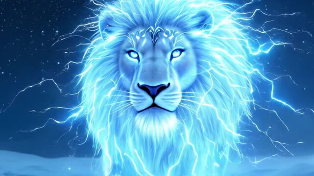 Digital artwork featuring a majestic lion composed entirely of glowing blue energy, set against a starry night sky