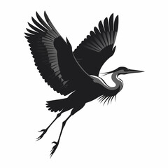 Heron in Flight Silhouette on White Background Vector Design Featuring a Graceful Bird Soaring Through the