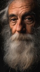 Portrait of an old man with long grey beard, deep wrinkles, face dirty from city life, eyes full of wisdom