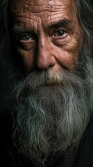 Portrait of an old man with long grey beard, deep wrinkles, face dirty from city life, eyes full of wisdom