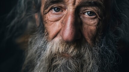 Portrait of an old man with long grey beard, deep wrinkles, face dirty from city life, eyes full of wisdom