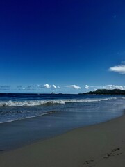 The beautiful vast ocean and sandy shoreline of Lanikai Beach on the island of O'ahu, Hawai'i on a sun-soaked day in summer. 