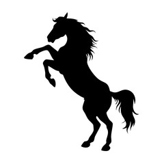 A black silhouette of a horse rearing up on its hind legs, mane and tail flowing dramatically.