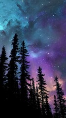 Silhouettes of dense pine trees on a ridge, sharp black against a glowing cosmic sky with swirling nebulas