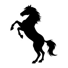 A black silhouette of a horse rearing up on its hind legs, mane and tail flowing dramatically.