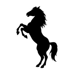 A black silhouette of a horse rearing up on its hind legs, mane and tail flowing dramatically.