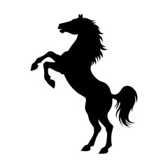 A black silhouette of a horse rearing up on its hind legs, mane and tail flowing dramatically.