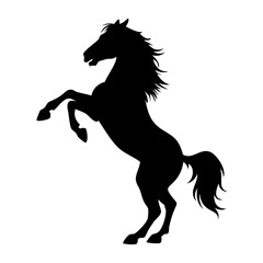 A black silhouette of a horse rearing up on its hind legs, mane and tail flowing dramatically.