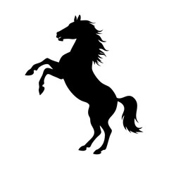 A black silhouette of a horse rearing up on its hind legs, mane and tail flowing dramatically.