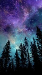 Silhouettes of dense pine trees on a ridge, sharp black against a glowing cosmic sky with swirling nebulas