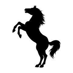A black silhouette of a horse rearing up on its hind legs, mane and tail flowing dramatically.