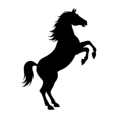 A black silhouette of a horse rearing up on its hind legs, mane and tail flowing dramatically.