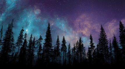 Silhouettes of dense pine trees on a ridge, sharp black against a glowing cosmic sky with swirling nebulas