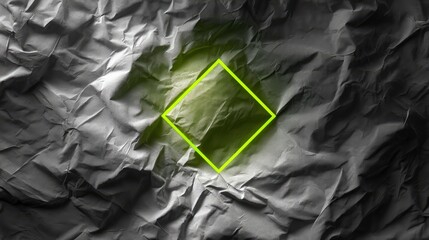 Single neon green square hovering above desaturated crumpled paper texture, soft lighting