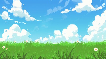 Obraz premium Enchanting Scenery of Lush Green Grassland under a Vast Blue Sky with Floating White Clouds: A Serene Natural Tapestry