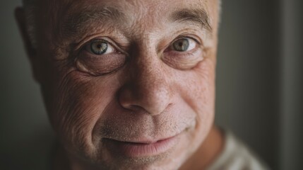 Soft-lit indoor photo of an older man with Down syndrome, close-up facial expression, neutral background