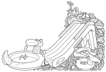 Line art summer beach scene with tents, inflatables, drinks, and accessories. Fun and detailed horizontal illustration ideal for banners, web headers, kids’ themes, and vacation promotions.