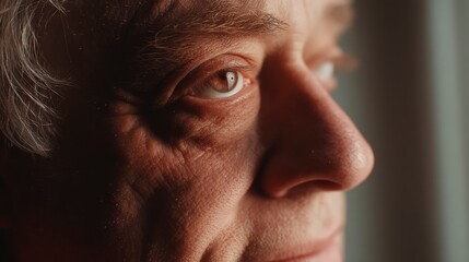 Soft-lit indoor photo of an older man with Down syndrome, close-up facial expression, neutral background