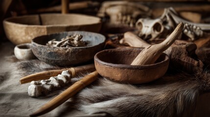 Still life of animal bones, clay bowls, and wooden tools on fur, prehistoric survival scene