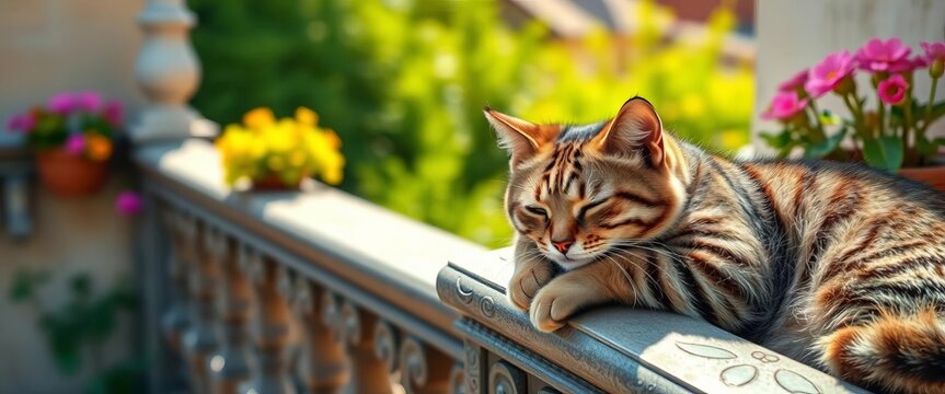 Serene tabby cat naps soundly, head resting on ornate balustrade, sun-drenched terrace, sunlight, sleep