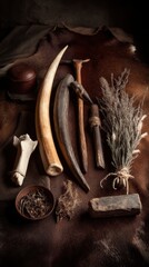 Still life of primitive tools, bones, and dried herbs on animal hide, earthy tones