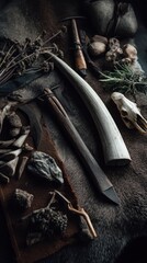Still life of primitive tools, bones, and dried herbs on animal hide, earthy tones