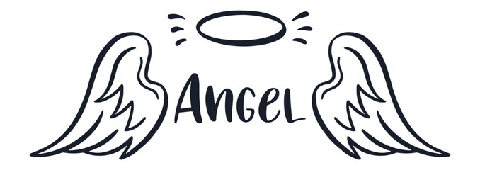 Fototapeta premium Hand drawn angel wings and halo evoke feelings of spirituality, freedom, and divine presence, fostering a serene and uplifting atmosphere filled with hope and grace