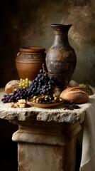 Still life with ancient Greek pottery, grapes, olives, and bread on a stone table, soft diffused light