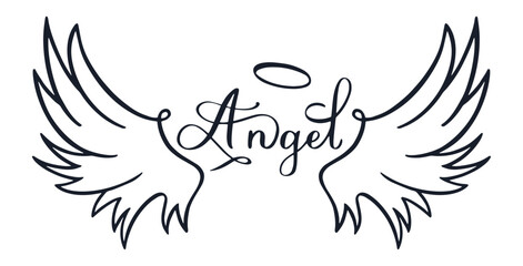 Hand drawn angel wings adorned with a halo and accompanied by elegant handwritten lettering symbolize divine beings, embodying themes of spirituality, purity, and celestial grace
