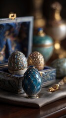 Still life with multiple Faberge eggs in a silk-lined box, jeweled surfaces catching soft light