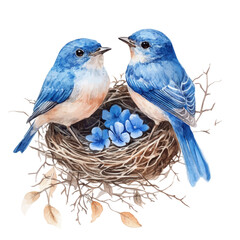 Bluebirds Nest Of Petals, watercolor clipart vector, high quality, isolated on a white background.