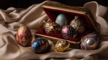 Still life with multiple Faberge eggs in a silk-lined box, jeweled surfaces catching soft light