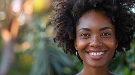 A joyful woman with curly hair radiates positivity and confidence against a lush natural background, showcasing a moment of happiness and connection with nature.