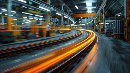 Dynamic light trails sweep across industrial train tracks, showcasing the energy of urban life and technological advancement in a modern setting.