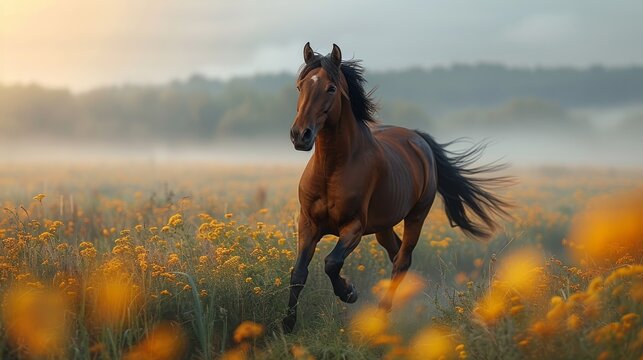 A majestic brown horse gallops gracefully through a vibrant field filled with blooming flowers, embodying freedom and the beauty of nature in the early morning light.