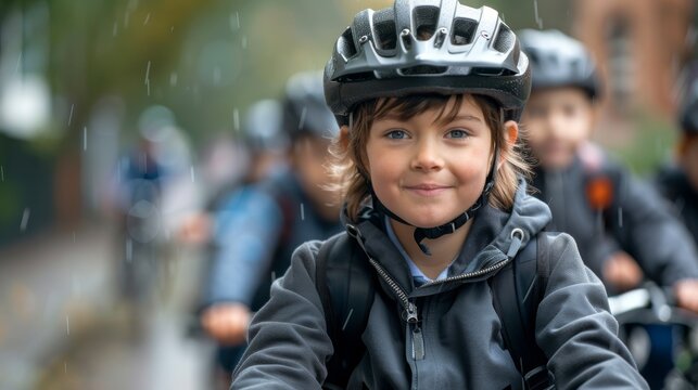 A cheerful child in a helmet rides a bike amidst a drizzly backdrop, symbolizing adventurous spirit and resilience of youth in unpredictable weather conditions.