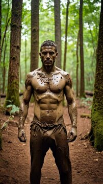 Strong shirtless man covered in mud with six pack abs standing in lush green forest environment looking forward at the viewer