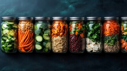 A vibrant display of mason jars filled with fresh vegetables and legumes, showcasing the beauty and variety of healthy foods and meal preparation options.