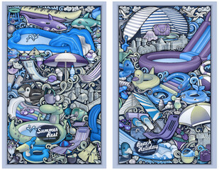 Set of two hand-drawn summer posters with beach scenes, inflatables, slides, and holiday items. Cool-toned, detailed illustrations perfect for web, print, kids’ themes, and vacation ads