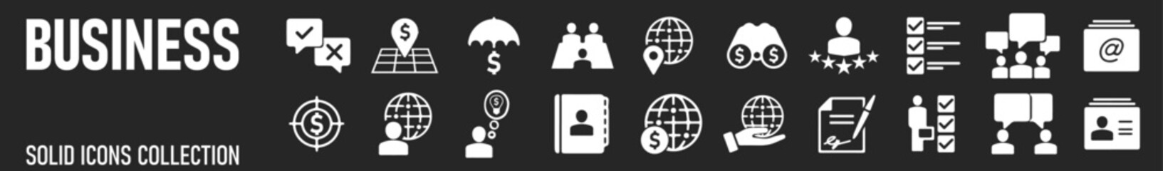Business  solid icon set. Contain human resources, money movement, development, business process, growth and more. Vector illustration